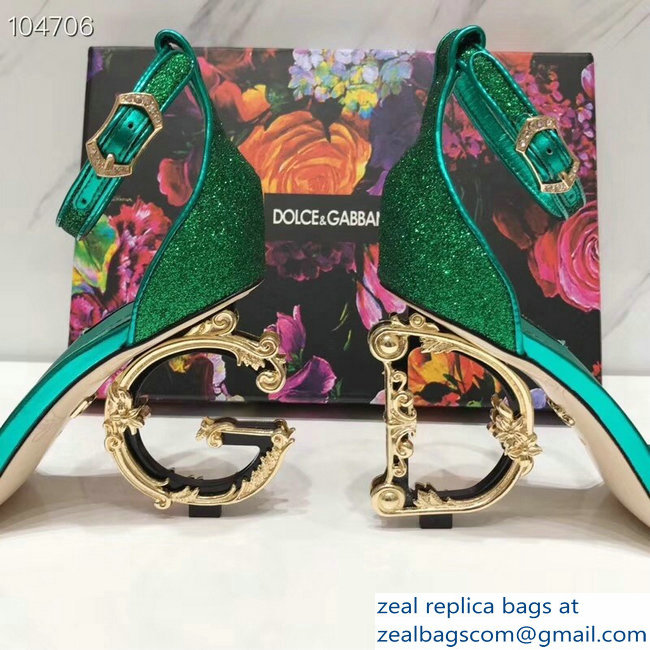 Dolce  &  Gabbana Baroque DG Heel 10.5cm Sandals Glitter Green 2019